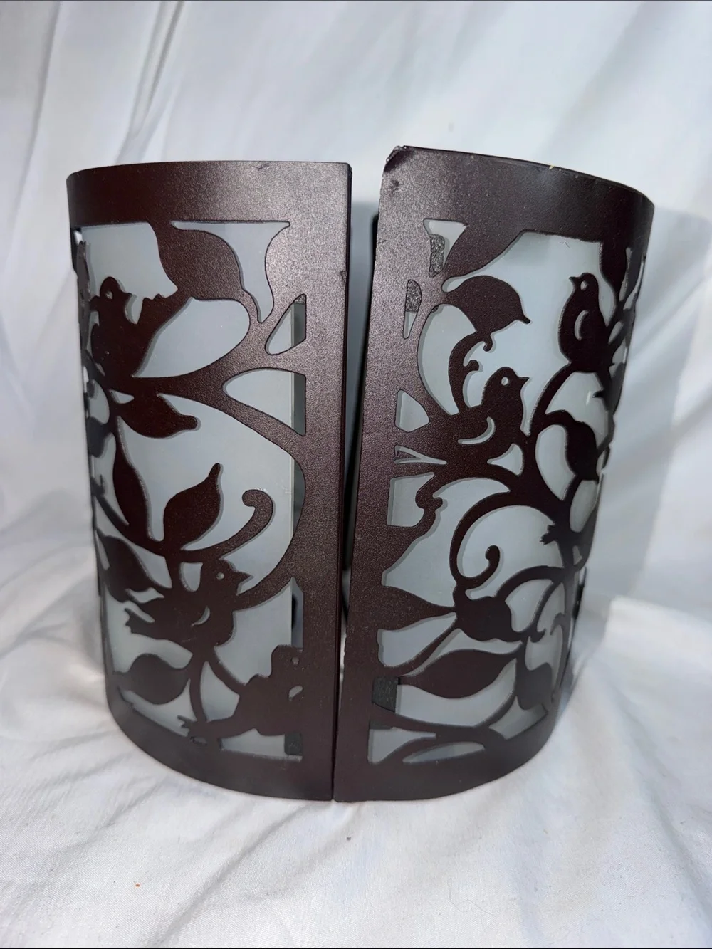 Set of 2 Bird & Branch Metal Wall Candle Sconces with Frosted Glass